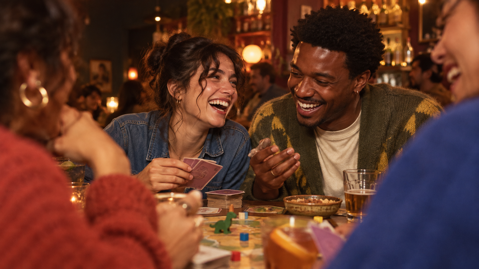 Friends laughing together over a tabletop game in Montreal